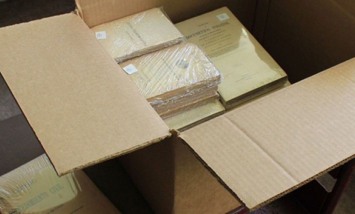 Photo of boxes of scanned documents prepared to ship to salt mine for preservation